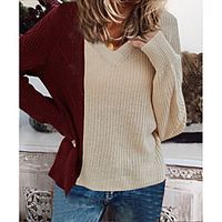 Women's Basic Knitted Color Block Pullover Acrylic Fibers Long Sleeve Sweater Cardigans V Neck Beige miniinthebox - thumbnail