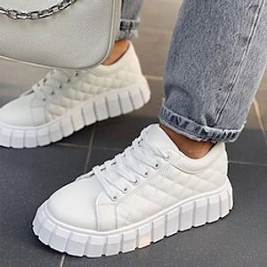 Women's Sneakers Daily Round Toe Casual Faux Leather Lace-up Solid Color White Lightinthebox