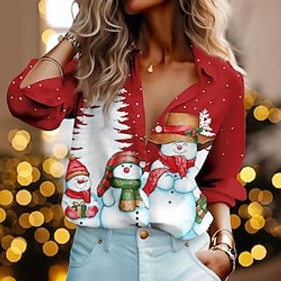 Christmas Shirt Women's Shirt Blouse Snowman Red Blue Green Button Print Long Sleeve Party Christmas Casual Festival / Holiday Shirt Collar Regular Fit Spring   Fall miniinthebox