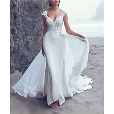 Beach Boho Wedding Dresses Mermaid  Trumpet V Neck Cap Sleeve Court Train Chiffon OverSkirts Bridal Gowns With Embroidery Appliques 2023 Lightinthebox
