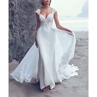 Beach Boho Wedding Dresses Mermaid  Trumpet V Neck Cap Sleeve Court Train Chiffon OverSkirts Bridal Gowns With Embroidery Appliques 2023 Lightinthebox - thumbnail