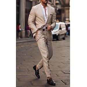 Beige Men's Beach Wedding Linen Suits Solid Colored 2 Piece Fashion Daily Casual Tailored Fit Single Breasted Two-buttons 2023 miniinthebox