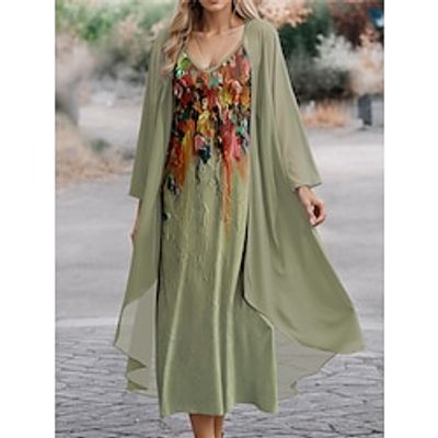 Women's Two Piece Dress Set Casual Dress Chiffon Dress Outdoor Office Fashion Streetwear Print Long Dress Maxi Dress V Neck Long Sleeve Floral Regular Fit Blue Purple Green Spring S M L XL XXL Lightinthebox