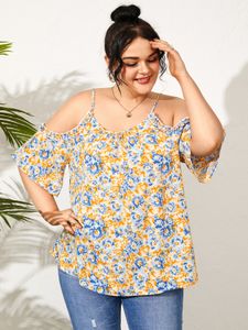 Plus Size Cold Shoulder Calico Tie-up Design Blouse