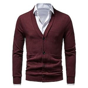 Men's Sweater Cardigan Sweater Ribbed Knit Button Pocket Pure Color V Neck Stylish Casual Daily Holiday Clothing Apparel Winter Fall Black Wine S M L Lightinthebox