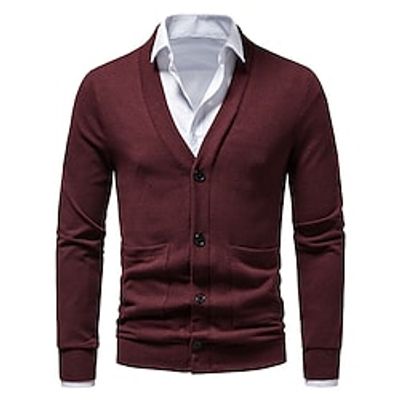 Men's Sweater Cardigan Sweater Ribbed Knit Button Pocket Pure Color V Neck Stylish Casual Daily Holiday Clothing Apparel Winter Fall Black Wine S M L Lightinthebox