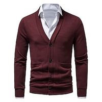 Men's Sweater Cardigan Sweater Ribbed Knit Button Pocket Pure Color V Neck Stylish Casual Daily Holiday Clothing Apparel Winter Fall Black Wine S M L Lightinthebox - thumbnail