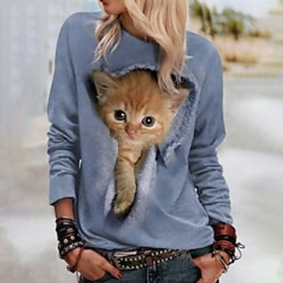 Women's Sweatshirt Pullover Basic Green Blue Purple Cat Street Round Neck Long Sleeve S M L XL 2XL 3XL Lightinthebox