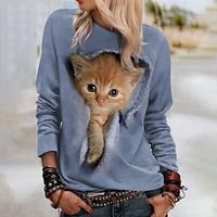 Women's Sweatshirt Pullover Basic Green Blue Purple Cat Street Round Neck Long Sleeve S M L XL 2XL 3XL Lightinthebox - thumbnail