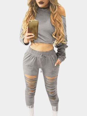 Grey Two Piece Outfits with Cut Out Details Grey Two Piece Outfits with Cut Out Details