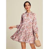 Satin Paisley Notch Drawstring Boho Mini Dress