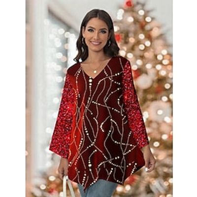 Christmas Shirt Women's Designer Shirt Blouse Velvet Striped Sparkly Red Sequins Print Long Sleeve Party Christmas Casual Festival  Holiday V Neck Regular Fit Spring   Fall Lightinthebox