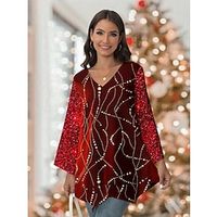 Christmas Shirt Women's Designer Shirt Blouse Velvet Striped Sparkly Red Sequins Print Long Sleeve Party Christmas Casual Festival  Holiday V Neck Regular Fit Spring   Fall Lightinthebox - thumbnail