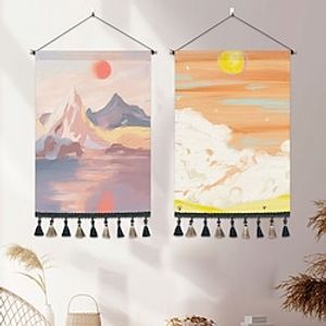 Landscape Painting Woven Bohemian Wall Tapestry Art Decor Blanket Curtain Hanging Home Bedroom Living Room Decoration Nordic Cotton Linen Tassel miniinthebox