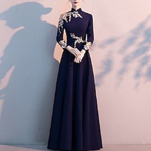 A-Line Mother of the Bride Dress Simple Elegant High Neck Floor Length Stretch Fabric Long Sleeve with Pleats Appliques 2022 Lightinthebox