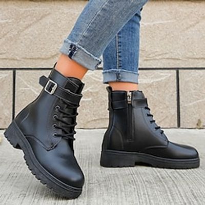 Women's Black Faux Leather Buckle Lace Up Zipper Motorcycle Boots Lightinthebox