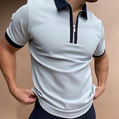 Men's Polo Shirt Golf Shirt Vacation Casual Daily Lapel Quarter Zip Short Sleeve Fashion Comfortable Plain Quarter Zip Summer Regular Fit Light Blue White Polo Shirt Lightinthebox