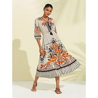 Folk Fringe Print Lace Up Midi Dress - thumbnail