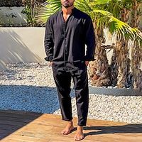 Men's Linen Pants Trousers Summer Pants Set Drawstring Elastic Waist Plain Comfort Breathable Casual Daily Holiday Vacation Hawaiian Black Blue Lightinthebox