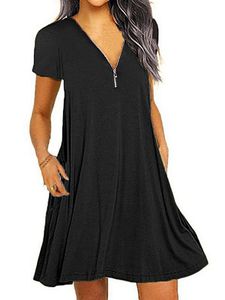 V Neck Zips Plain Shift Dress