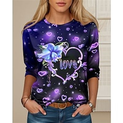 Women's T shirt Tee Heart Red Blue Purple Print Long Sleeve Valentine's Day Valentine Weekend Fashion Round Neck Regular Fit Spring   Fall Lightinthebox