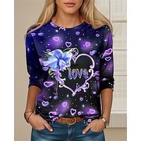 Women's T shirt Tee Heart Red Blue Purple Print Long Sleeve Valentine's Day Valentine Weekend Fashion Round Neck Regular Fit Spring   Fall Lightinthebox - thumbnail