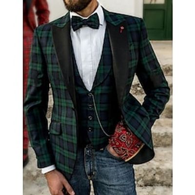 Men's Fashion Plaid Checkered Blazer Office Jacket Christmas Wear Regular Slim Fit Single Breasted Two-buttons Green 2023 Lightinthebox
