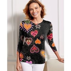Women's T shirt Tee Heart Valentine's Day Blue Orange Green Print Long Sleeve Valentine's Day Casual Holiday Fashion Round Neck Regular Fit Spring   Fall Lightinthebox