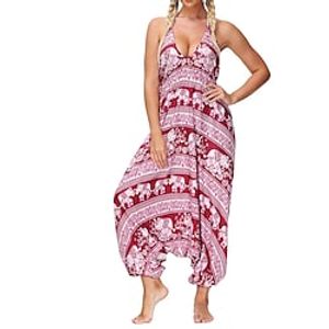 Women's Jumpsuit Lace Print Animal V Neck Streetwear Daily Vacation Loose Fit Sleeveless Black White Pink One-Size Spring Lightinthebox