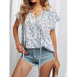 Women's Shirt Blouse Floral Daily Vacation Lace up Print Pink Short Sleeve Casual V Neck Summer Lightinthebox