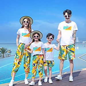 Family Look Kids Adults' Family Matching Outfits 2 Piece Clothing Set Holiday Festival Tropical Leaf Letter Short Sleeve Rainbow Summer Basic Lightinthebox