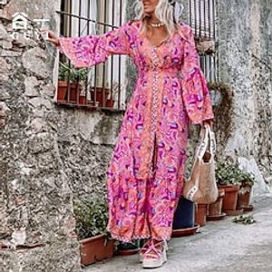 Women's Casual Dress Shift Dress Long Dress Maxi Dress Pink Long Sleeve Print Print Winter Fall V Neck Stylish Casual Fall Dress Flare Cuff Sleeve Loose Fit 2022 S M L XL 2XL 3XL / Winter Dress miniinthebox