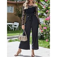 Women's Jumpsuit Lace up Lace Solid Color Off Shoulder Elegant Party Work Regular Fit Long Sleeve Black S M L Spring miniinthebox - thumbnail