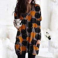 Women's T shirt Tee Pullover Sweatshirt White Red Blue Leopard Cat Pocket Print Long Sleeve Halloween Weekend Active Streetwear Long Round Neck Loose Fit S miniinthebox - thumbnail