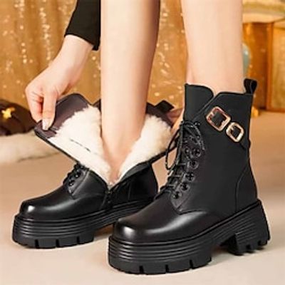 Women's Boots Snow Boots Combat Boots Plus Size Outdoor Office Daily Solid Color Fleece Lined Mid Calf Boots Booties Ankle Boots Winter Platform Flat Heel Round Toe Vintage Plush Casual Walking Faux miniinthebox