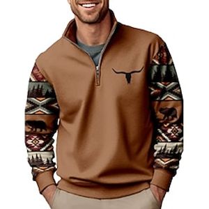 Graphic Color Block Cowboy Daily Casual Vintage Retro Men's Sweatshirt Quarter Zip Sweatshirt Holiday Vacation Going out Sweatshirts Brown Quarter Zip Print Spring   Fall Designer Lightinthebox