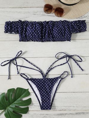Navy Polka Dot Tie-up Design Off The Shoulder Bikini Set Navy Polka Dot Tie-up Design Off The Shoulder Bikini Set