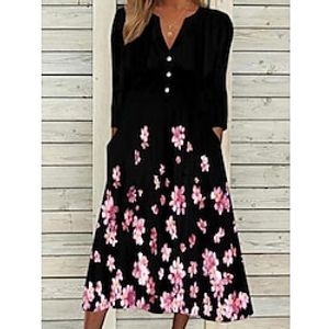 Women's A Line Dress Midi Dress Black 34 Length Sleeve Floral Print Fall Winter V Neck Casual Modern 2022 S M L XL XXL 3XL Lightinthebox