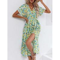 Women's Black Dress Casual Dress Green Dress Ditsy Floral Tie Front Print V Neck Midi Dress Elegant Bohemia Wedding Party Short Sleeve Summer Spring Lightinthebox