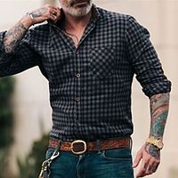 Men's Shirt Tartan Patchwork Print Long Sleeve Going out Slim Tops Designer Punk  Gothic Standing Collar Blue miniinthebox - thumbnail