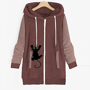 Women's Plus Size Teddy Coat Pocket Print Animal Cat Cat Outdoor Causal Long Sleeve Hoodie Regular Winter Fall Green Pink Light Gray L XL XXL 3XL 4XL miniinthebox