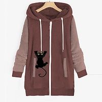 Women's Plus Size Teddy Coat Pocket Print Animal Cat Cat Outdoor Causal Long Sleeve Hoodie Regular Winter Fall Green Pink Light Gray L XL XXL 3XL 4XL miniinthebox - thumbnail