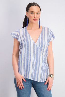 Womens V-Neckline With Tie Closure Tops Blue/White Womens V-Neckline With Tie Closure Tops Blue/White