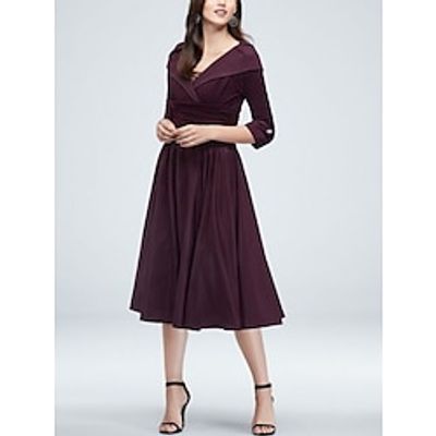 A-Line Mother of the Bride Dress Wedding Guest Elegant Petite Shirt Collar Knee Length Satin 34 Length Sleeve with Ruching Solid Color 2023 Lightinthebox