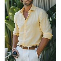 Men's Shirt Linen Shirt Button Up Shirt Summer Shirt Beach Shirt Yellow Pink Long Sleeve Plain Collar Spring Summer Casual Daily Clothing Apparel Lightinthebox