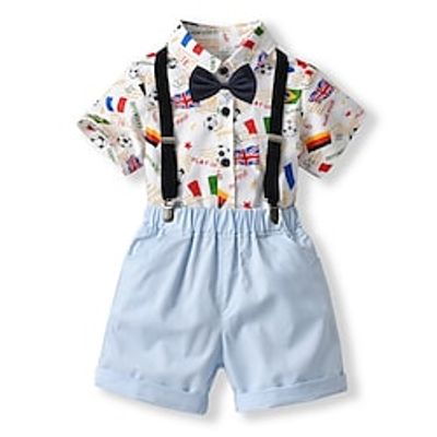 Kids Boys FormalSet Clothing Set 4 Pieces Short Sleeve Blue Print Flag Letter Ruched Bow Print Party Formal Active Gentle Regular 2-6 Years Lightinthebox