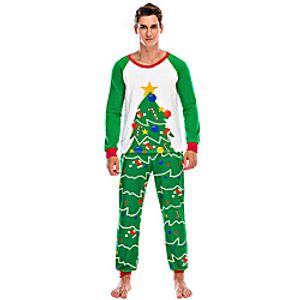 Men's Elastic Waistband Tree Polyester Loungewear Suits Casual Christmas T shirt Pant Scoop Neck Christmas Home S Green  2 Pieces  2 Pieces  Fall  Long Sleeve Lightinthebox
