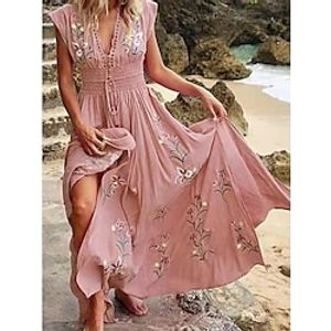 Women's Casual Dress Swing Dress Floral Print V Neck Long Dress Maxi Dress Boho A Line Street Holiday Short Sleeve Loose Fit Pink Blue Fuchsia Summer S M L XL 2XL Lightinthebox