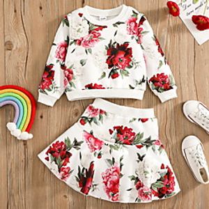 Kids Girls' Clothing Set 2 Pieces Long Sleeve White Floral Graphic Ruched Print Indoor Outdoor Cute Sweet Regular Above Knee 2-6 Years miniinthebox