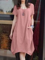 Round Neck Casual Loose Solid Color Short-Sleeved Short Dress